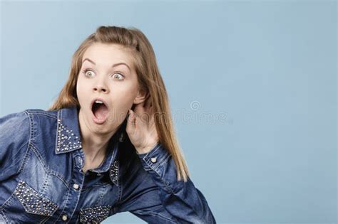 Woman With Hand Close To Ear Hearing Gossip Stock Photo Image Of