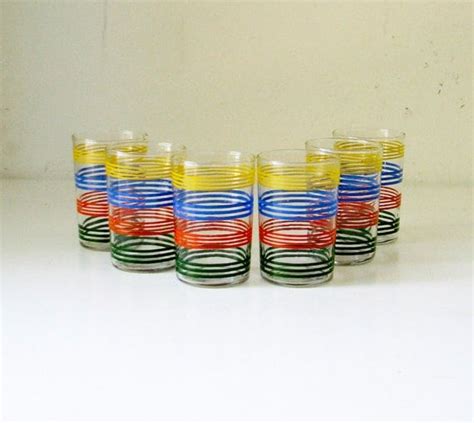 6 Vintage Juice Glasses Colorful Stripes