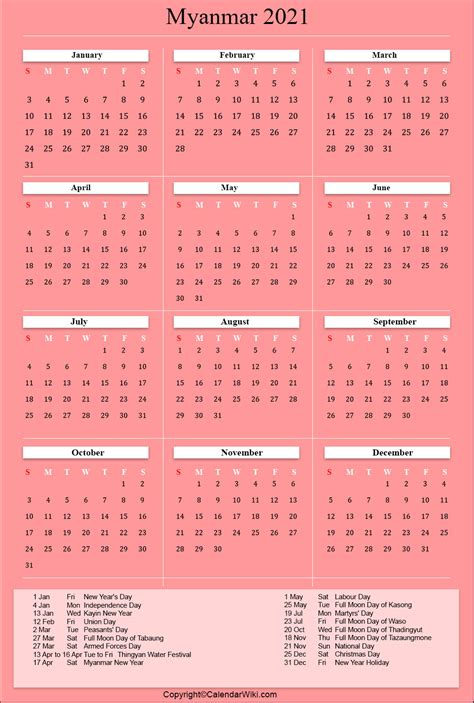 Printable Myanmar Calendar 2021 With Holidays Public Holidays