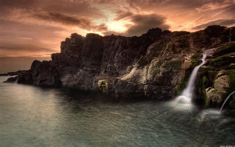 Exotic Isle Waterfall Straight Into The Ocean Hd Wallpaper ~ The