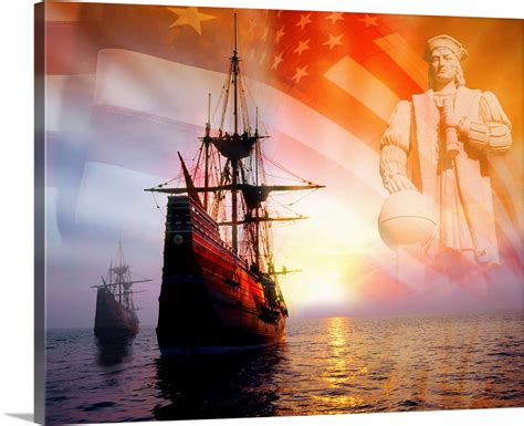 Sailing Ships Statue Of Christopher Columbus And American Flag Wall