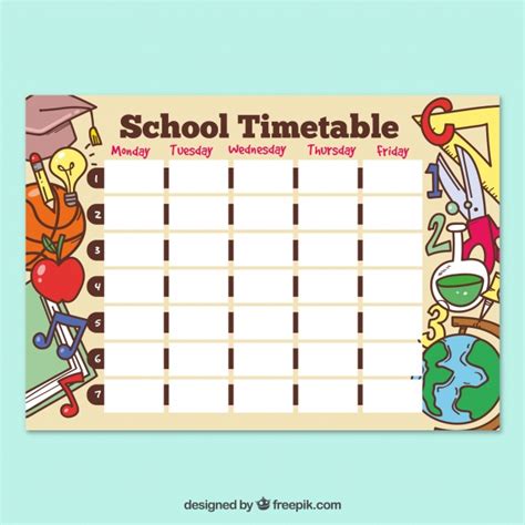 School Timetable Template With Hand Drawn Style Free Vector