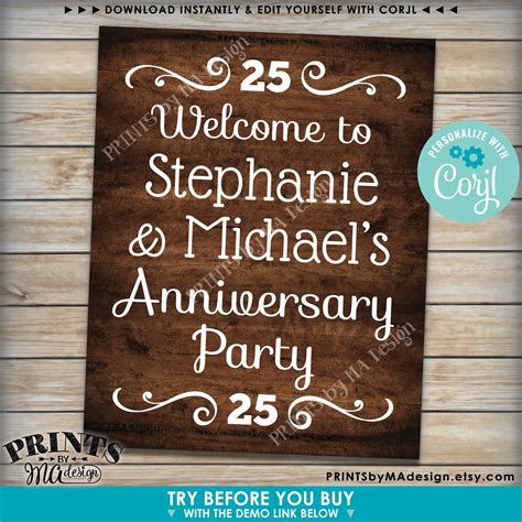 Welcome To The Anniversary Party Sign Custom Printable 16x20 Rustic