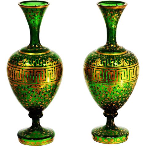 10 Pair Of Antique Bohemian Moser Vases Forest Green And Gold Art Crystal Glass Prf Btl 128