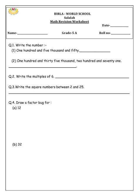 World School Oman Practice Worksheets For Grade 5