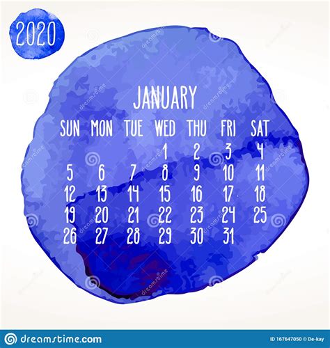 January Year 2020 Watercolor Paint Monthly Calendar Stock Vector