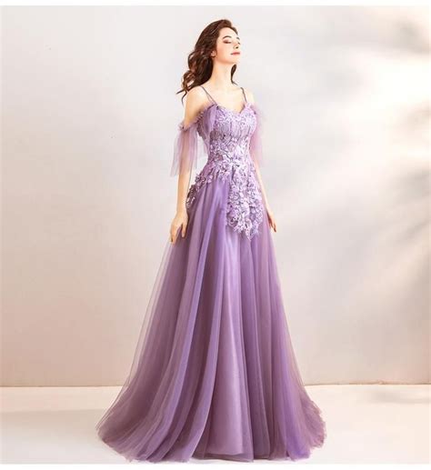 Spaghetti Strap Lavender Tulle Long Prom Dress A Line Embroidery Beaded