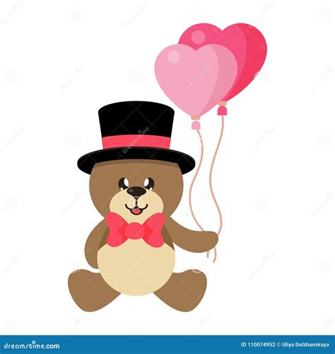 Cartoon Cute Bear In Hat Sitting With Tie And Lovely Balloons Stock Vector Illustration Of