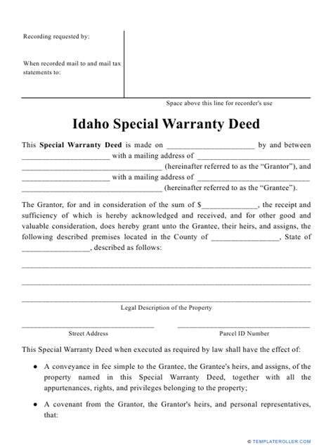 Idaho Special Warranty Deed Form Download Printable Pdf