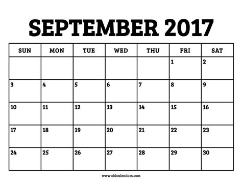 Calendar September 2017 Printable Old Calendars