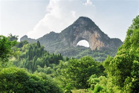 Beautiful View Of Moon Hill And Green Woods At Yangshuo Stock Image