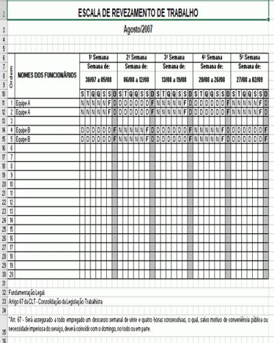 Referência para uma Escala de Trabalho Folga Revezamento Geral Modelo