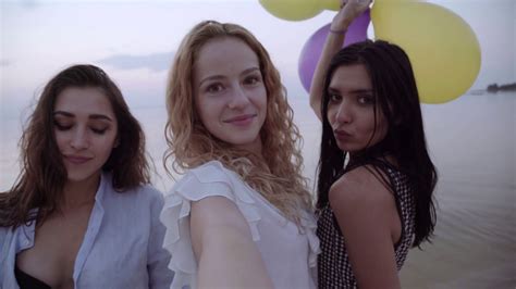 Mixed Race Friends Making Selfie Three Beautiful Young Women Making