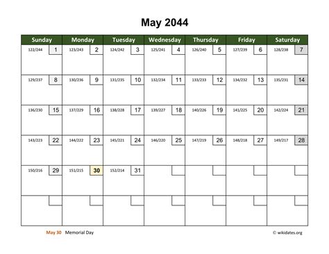 May 2044 Calendar With Day Numbers