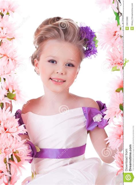 Pretty Little Girl Near Pink Flowers Stock Photo Image