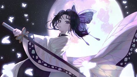 Demon Slayer Butterfly Girl Shinobu Kochou With Sword With Backgound Of