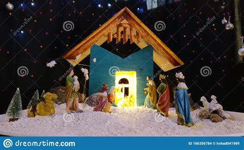 Beautiful Christmas Crib With Christmas Lights Stock Photo Image Of