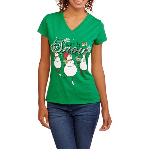 Holiday Time Womens Plus Green Let It Snow Snowman Christmas Holiday T