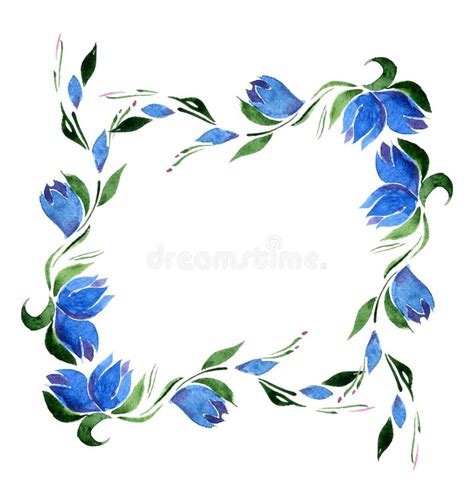 Square Frame Of Blue Bell Flowers And Green Leaves Watercolor Isolate