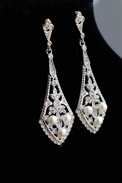 Crystal Pearl Bridal Chandelier Earrings Vintage Deco Style Etsy