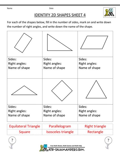 2 Dimensional Shapes Worksheet