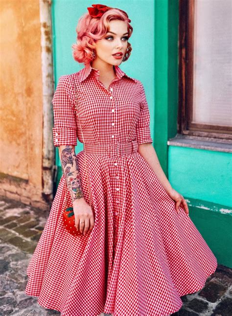 Way Out West Rouge Gingham Vintage Style Swing Dress British Retro