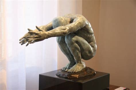 Crouching Man Bronze Squating Thinking Meditating Statue By Heidi