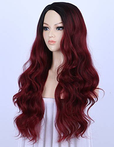 K’ryssma Ombre Wine Red Synthetic Wigs For Women Burgundy 99j 2 Tones Dark Roots Long Wavy None