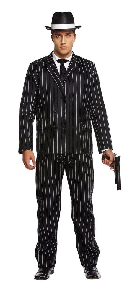 Mens Black And White Pinstripe Gangster Suit 1920s Costume Fancy Dress