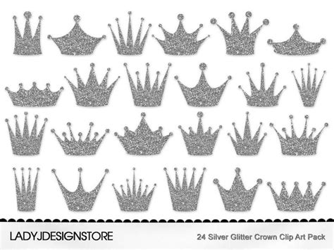Silver Glitter Crown Clipart Pack 24 Digital Clip Art Crowns Etsy
