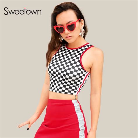 Sweetown Sexy Tank Tops Women Summer Checkerboard Crop Top Vogue Striped Side Slim Cropped