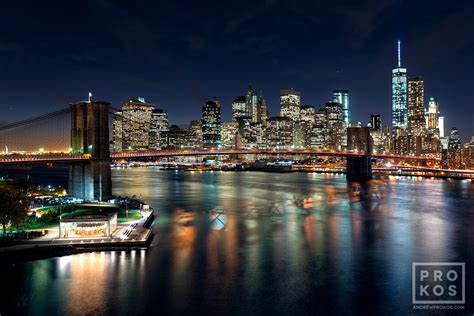 Brooklyn Bridge And Lower Manhattan Skyline At Night Framed