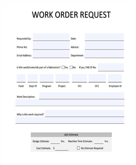 Free Printable Work Order Forms In Pdf Excel Ms Word