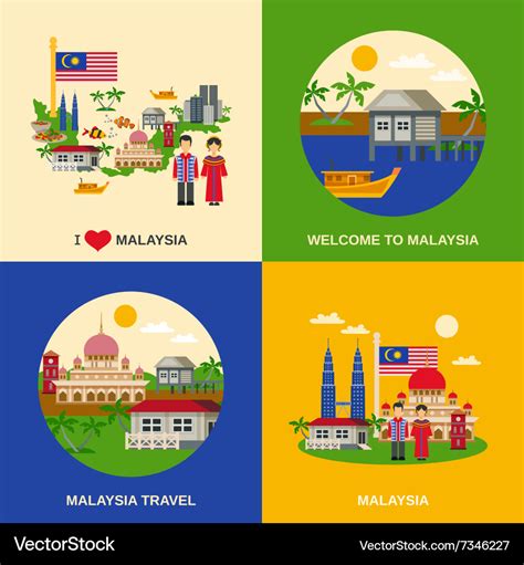 Malaysia Culture 4 Flat Icons Square Royalty Free Vector