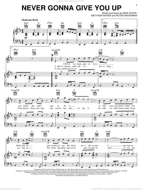 Astley Never Gonna Give You Up Sheet Music For Voice Piano Or Guitar