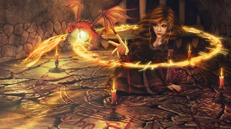 Wallpaper Digital Art Women Fantasy Art Candles Fire Witch Magic Dragon Circle