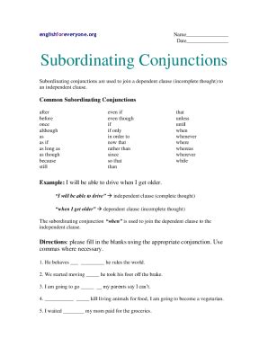 Fillable Online Subordinating Conjunctions Worksheets With Answers Pdf