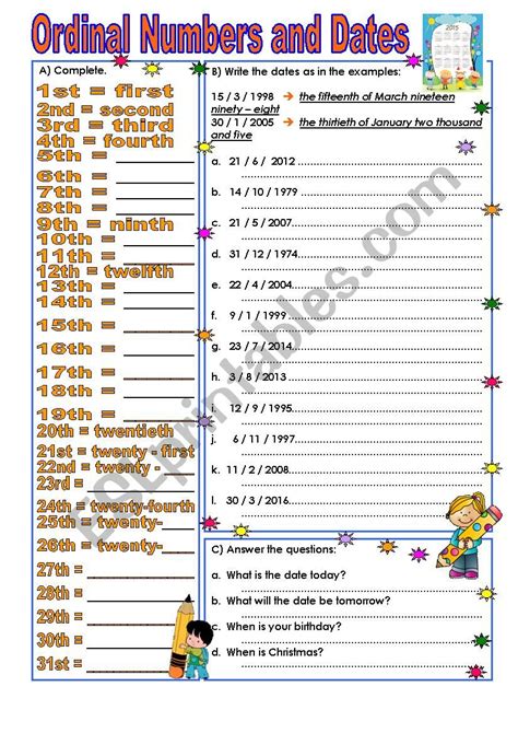 Ordinal Numbers And Dates Worksheets