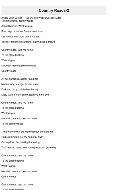 Take me home, country roads. Country Roads-2 Lyrics - John Denver