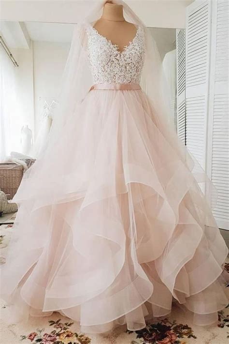 Ball Gown Light Pink Lace High Low Tiered Skirt Fluffy Wedding Prom