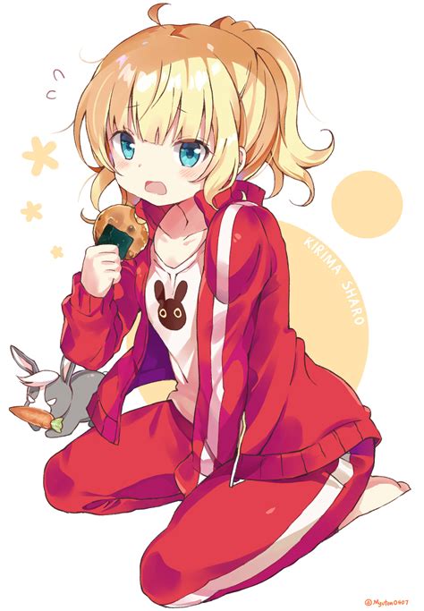 safebooru 1girl absurdres between legs blonde hair blue eyes breasts carrot character name