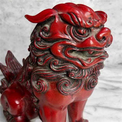 Vintage Pair Of Red Lacquered Chinese Foo Dog Resin Statues Scranton