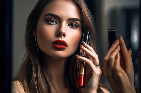 Premium Ai Image A Woman With Red Lipstick Applying Mascara To Her
