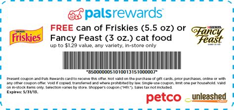 Codes (8 days ago) save $1.00 on one (1) 3.15 lb or larger bag of friskies® farm favorites or friskies® ocean favorites dry cat food. Petco: FREE Can of Friskies or Fancy Feast Cat Food!