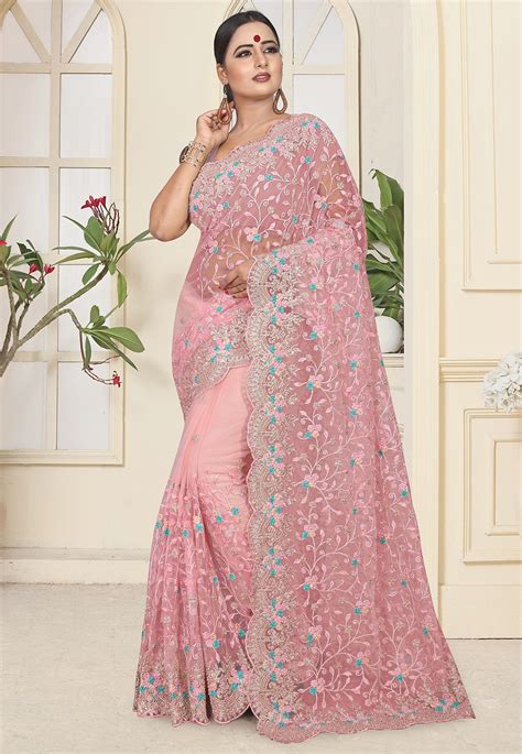 Embroidered Net Saree In Baby Pink Trendy Sarees Saree Designs Net