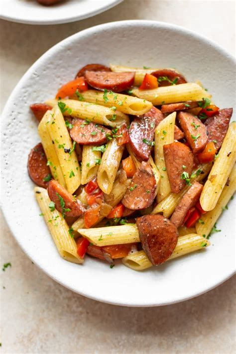 Add the tomato purée, mustard, paprika and cream, continuing to stir so the flavours mingle, and simmer gently for 5 minutes. Simple Balsamic Smoked Sausage Pasta • Salt & Lavender