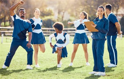 Cheerleader Coach Portrait Or Cheerleading Team With Support Hope Or