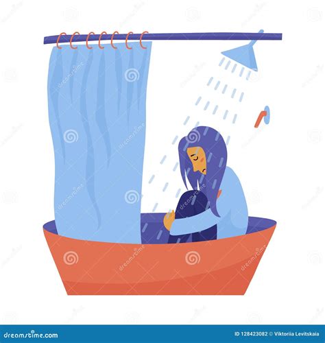 Young Woman Girl Sitting Fully Clothed In Shower Vector Illustration 128423082