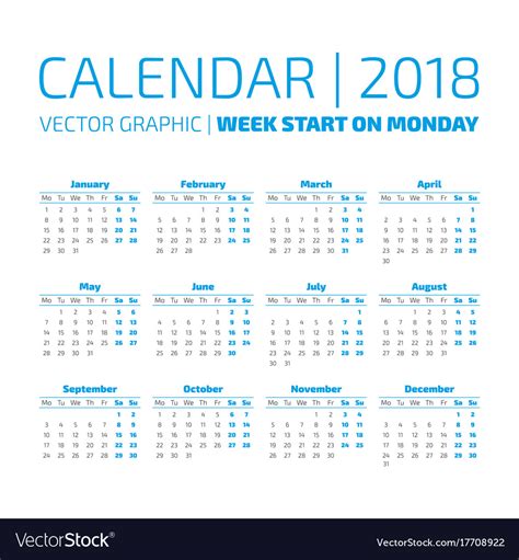 Simple 2018 Year Calendar Royalty Free Vector Image