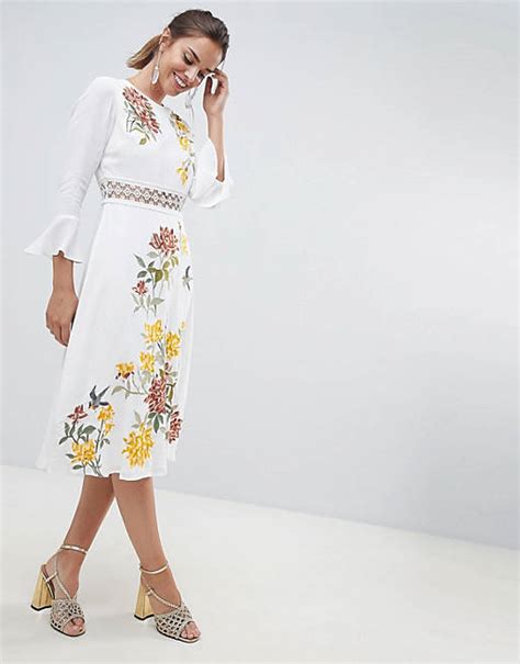 Asos Design Premium Embroidered Midi Dress With Lace Inserts And Floral